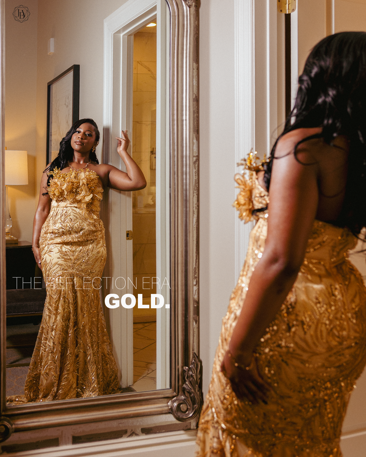 Woman in gold sequin mermaid gown posing in ornate mirror, showcasing The Reflection Era Gold collection.