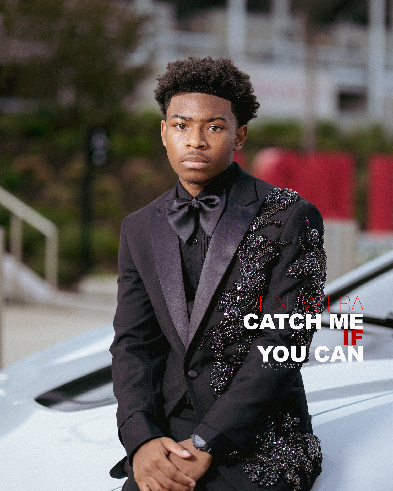 Young man in black sequined tuxedo posing outdoors with Catch Me If You Can text overlay.