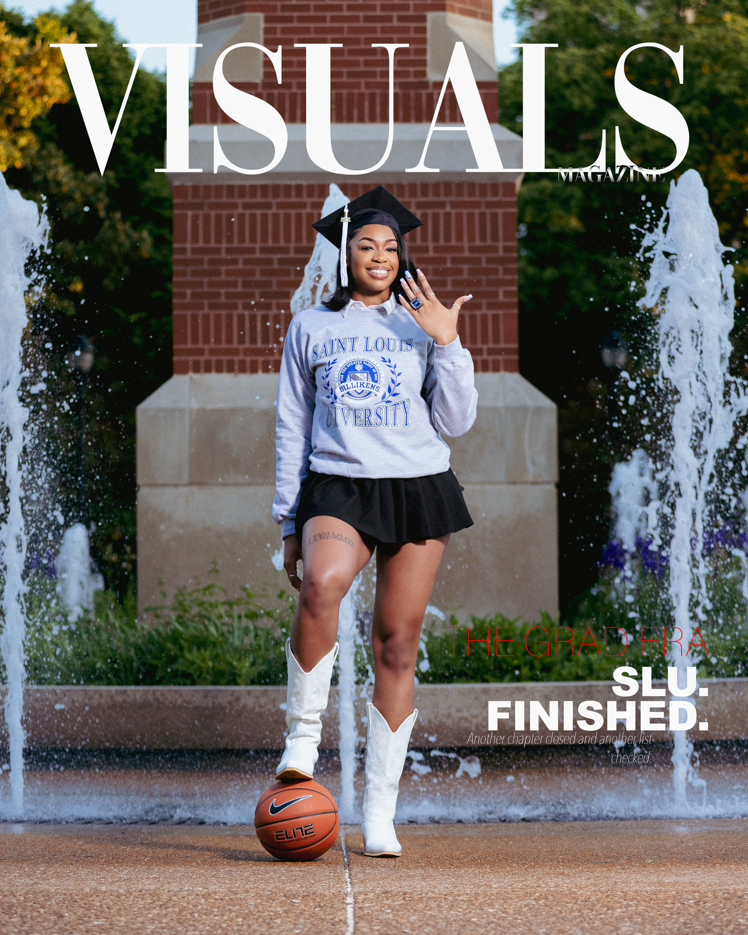 A young woman in a Saint Louis University hoodie and skirt poses with a basketball near a fountain on the VISUALS Magazine cover.