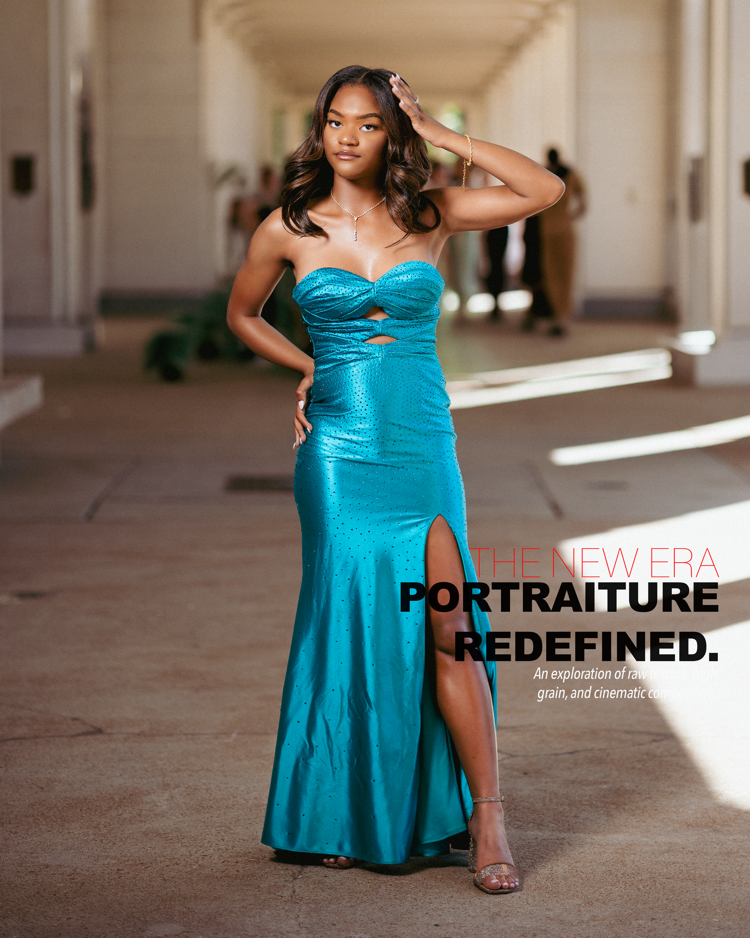 A woman in a teal strapless satin gown poses elegantly outdoors for a portrait photography showcase.