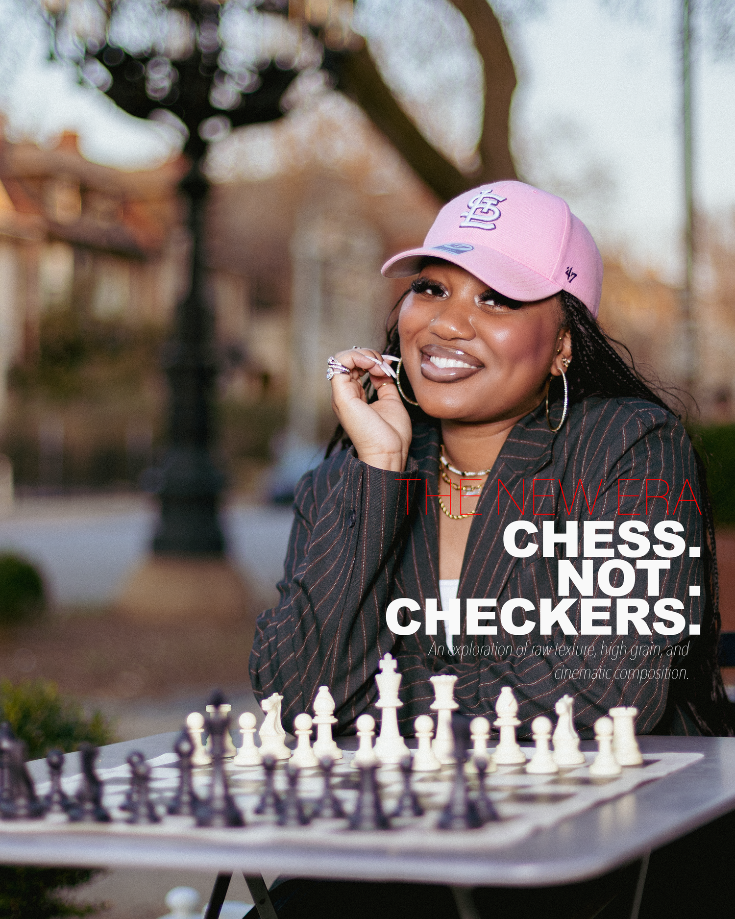 Woman in pink cap and pinstripe blazer playing chess outdoors with text Chess Not Checkers overlay.