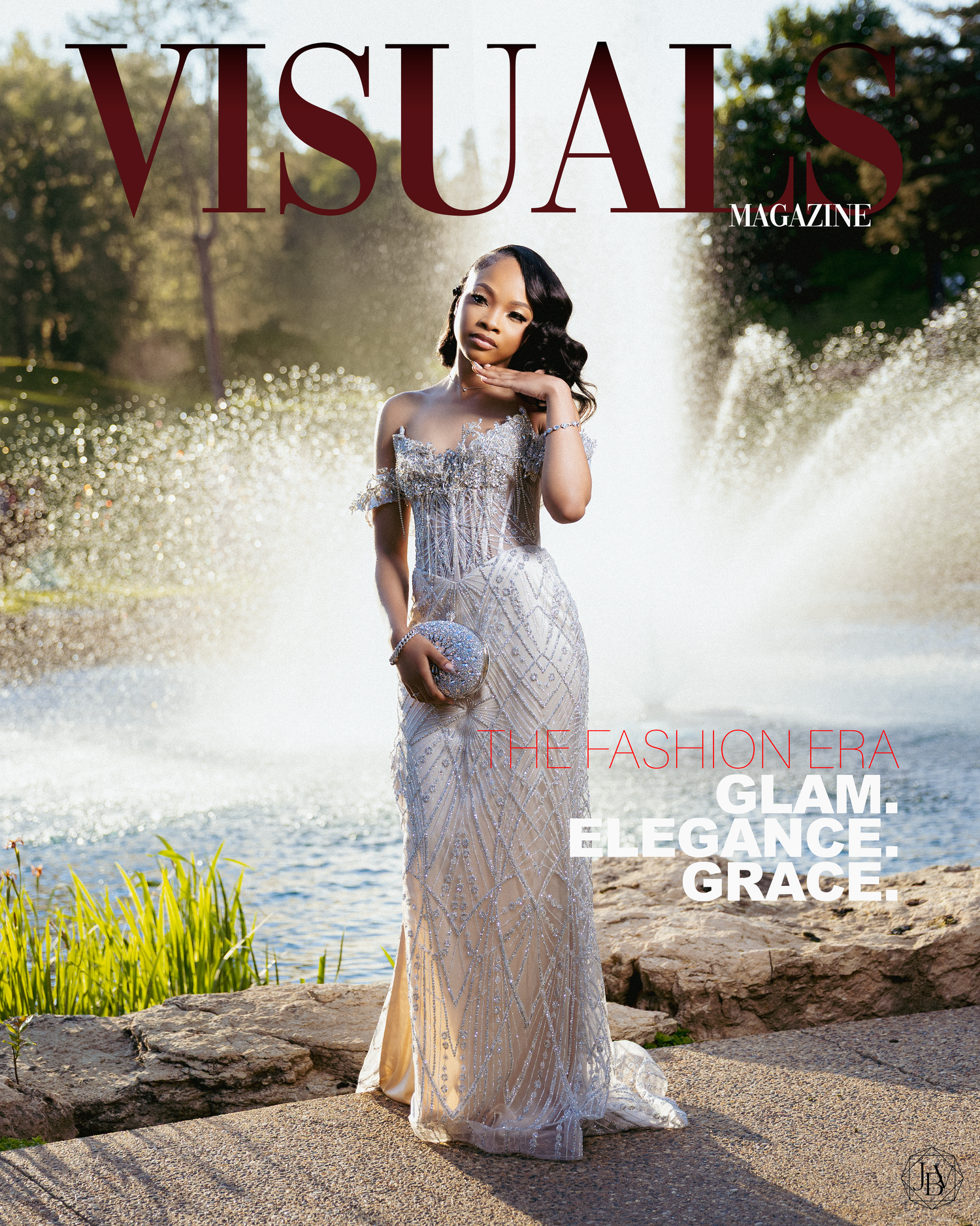 Woman in beaded white gown on Visuals Magazine cover, Fashion Era issue featuring Glam, Elegance, Grace.