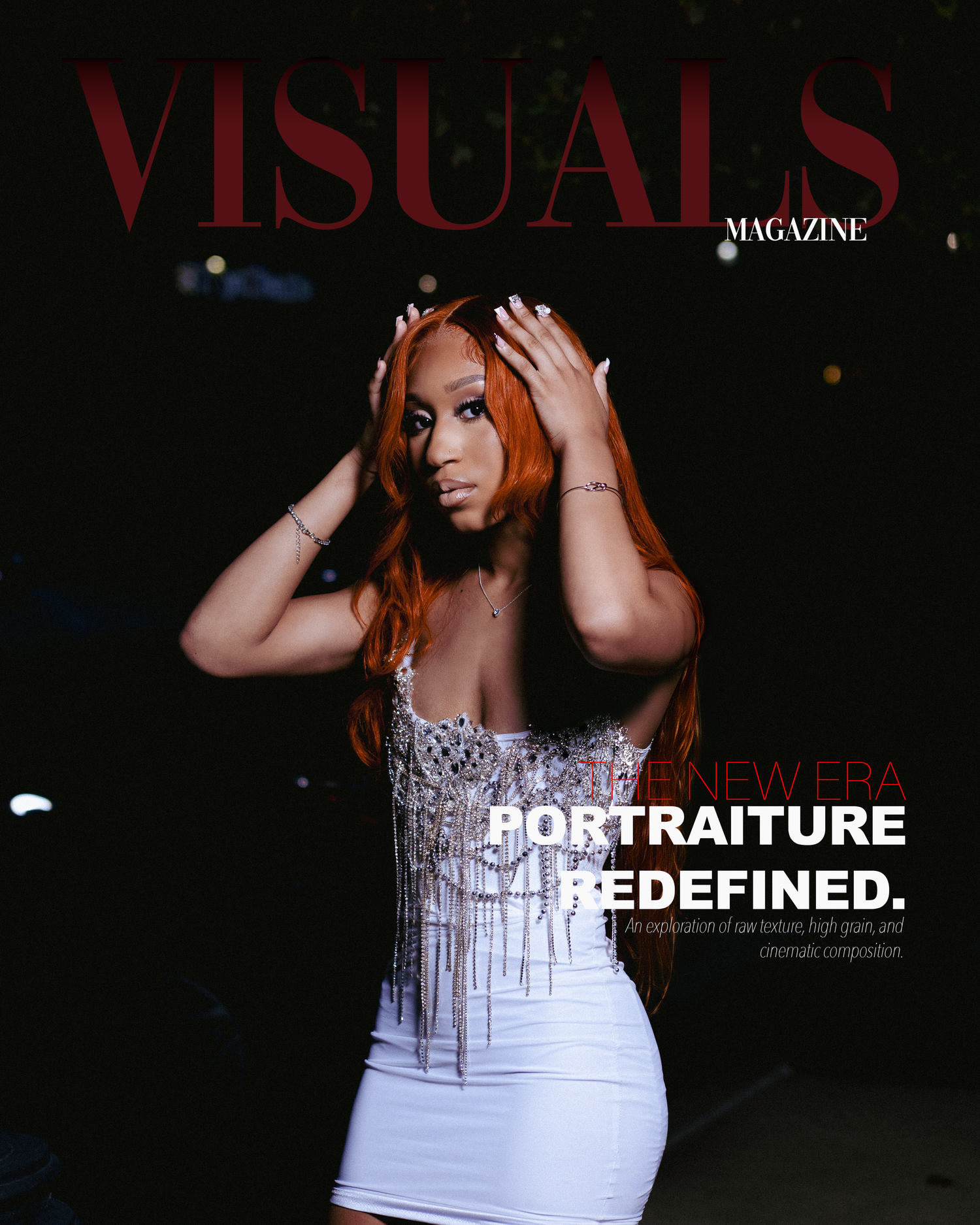 Visuals Magazine cover featuring a woman in a white dress with auburn hair posing dramatically, headline Portraiture Redefined.