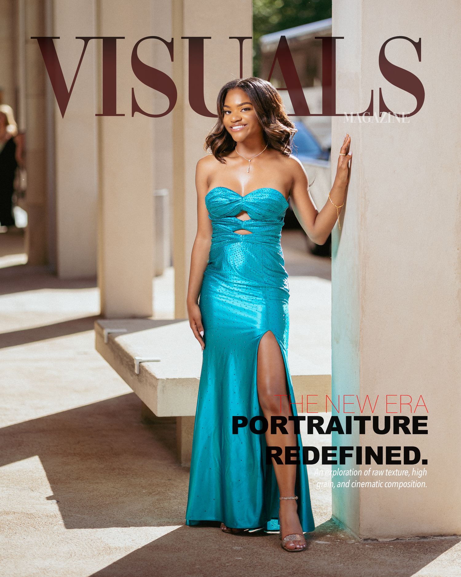 Young woman in a teal strapless gown on a Visuals magazine cover, showcasing portraiture redefined.