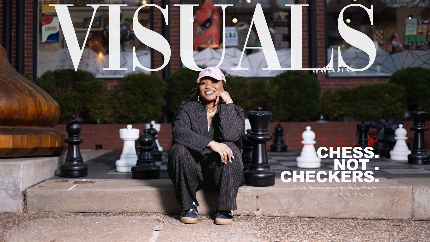 Person sitting on steps with giant chess pieces, overlaid with VISUALS magazine text and Chess Not Checkers slogan.