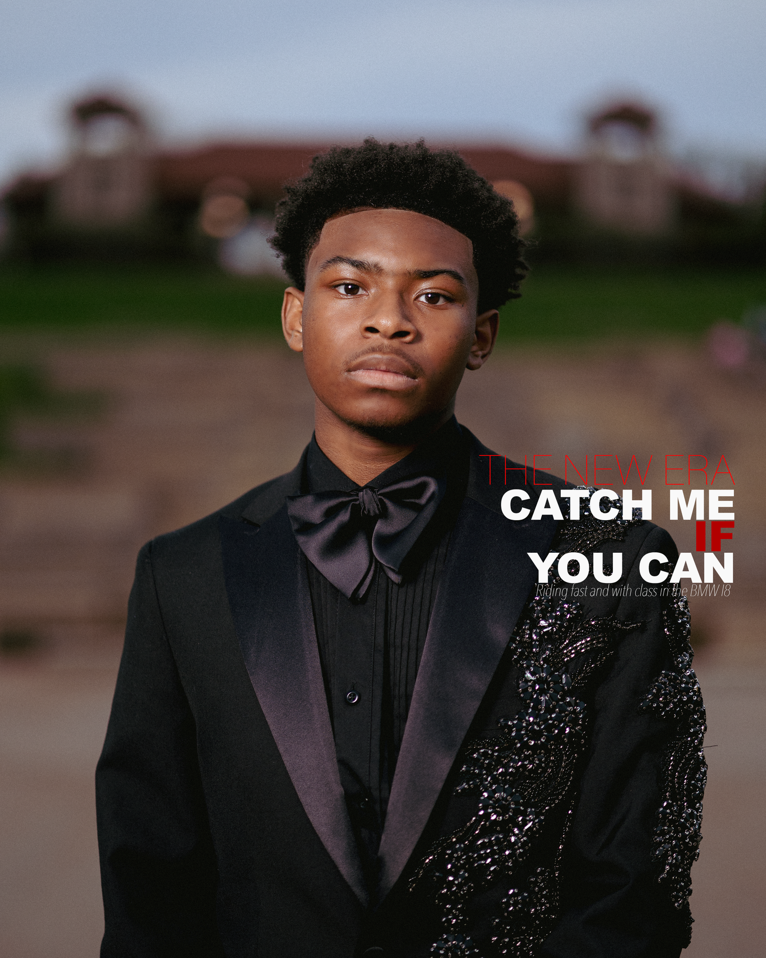 Young man in black tuxedo with bow tie and sequined jacket poses outdoors with text Catch Me If You Can.