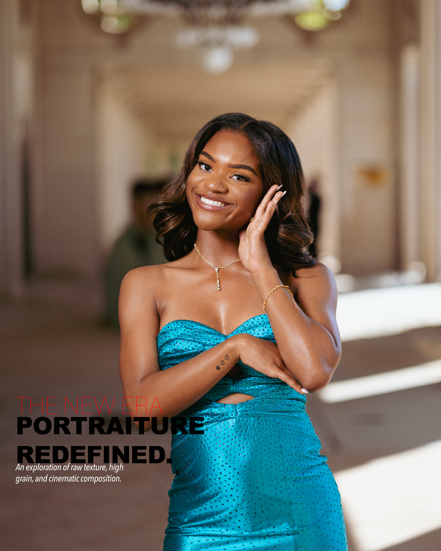 Young woman in teal strapless dress posing elegantly in sunlit hallway for a cinematic portrait photography session.