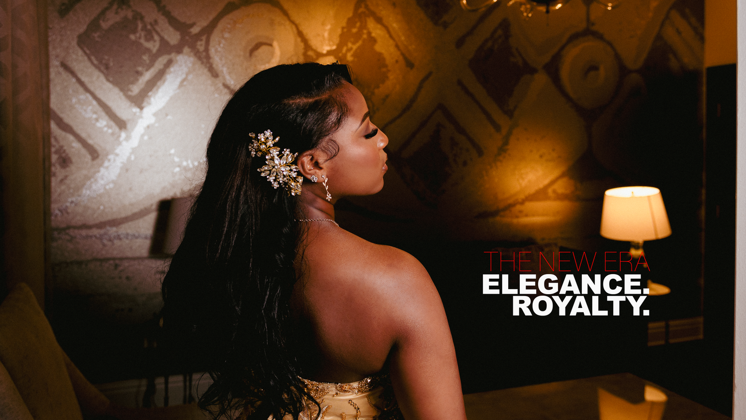 A Black woman in a gold dress with braided hair and floral accessories poses elegantly with text reading Elegance Royalty.