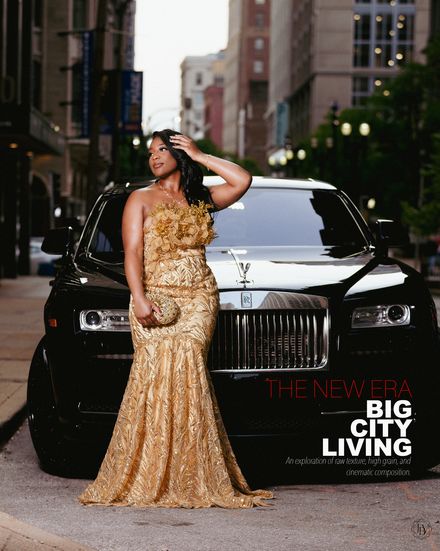Woman in gold gown poses before black Rolls-Royce on city street for Big City Living magazine cover.