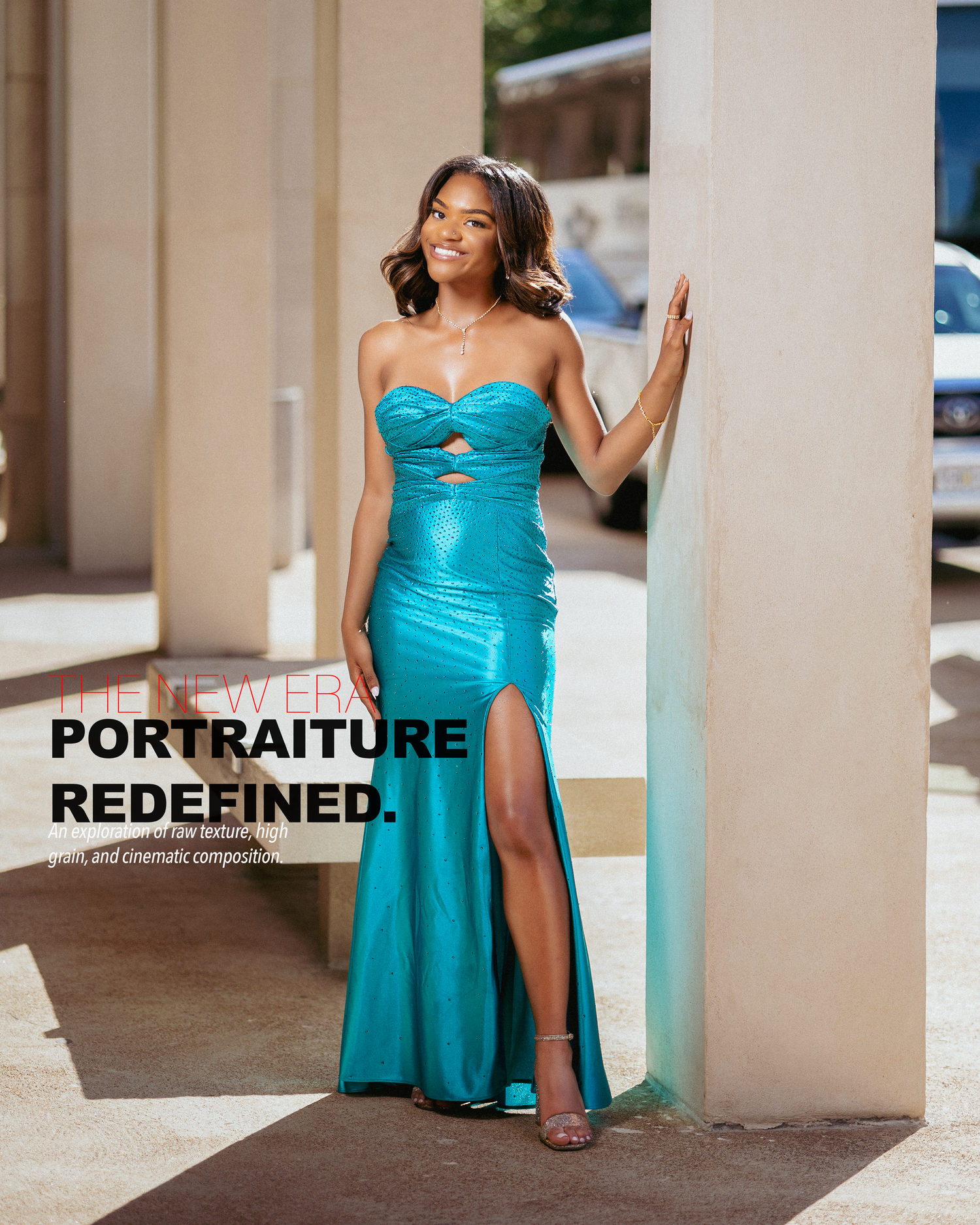 Woman in teal strapless gown posing elegantly against a pillar outdoors for a portraiture photography advertisement.