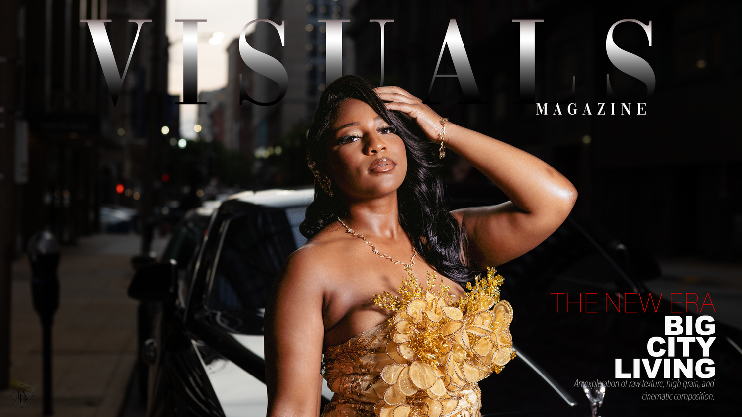 Woman in gold floral dress poses on city street for Visuals Magazine Big City Living feature cover shoot.