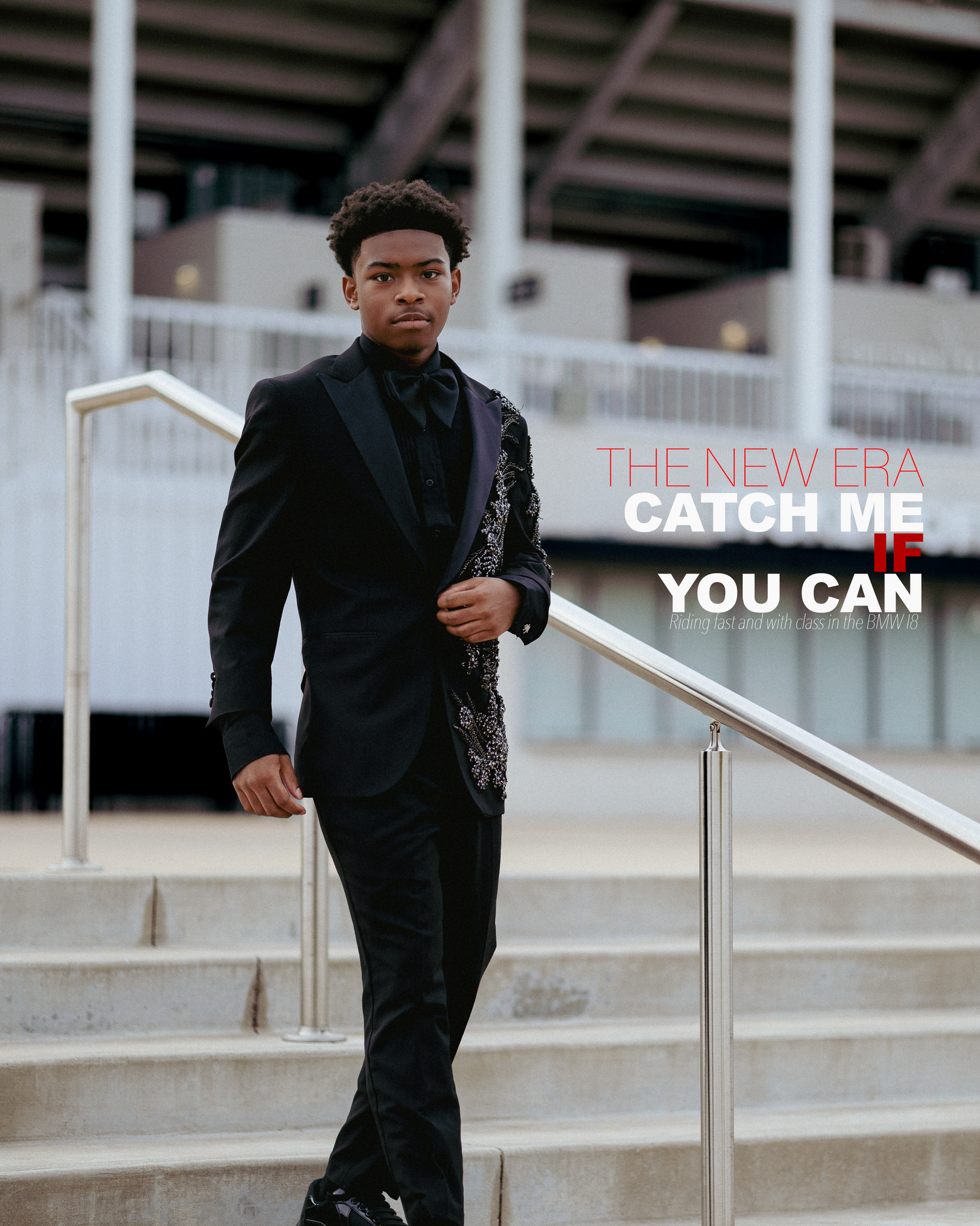 Young man in black tuxedo poses on steps outdoors with text reading The New Era Catch Me If You Can.