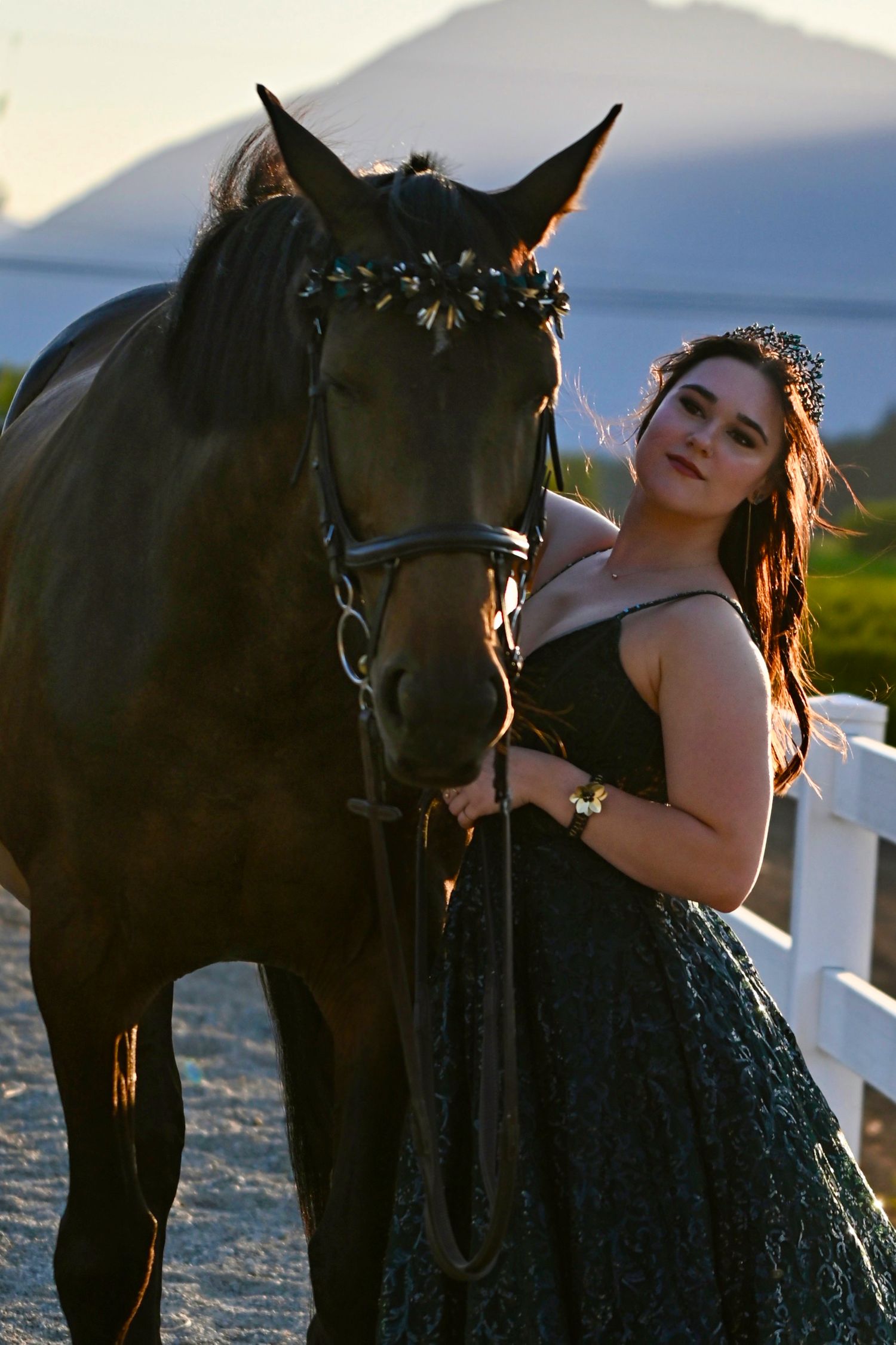 Female in grad dress posing with horse, equine, graduation, senior session, Fraser Valley