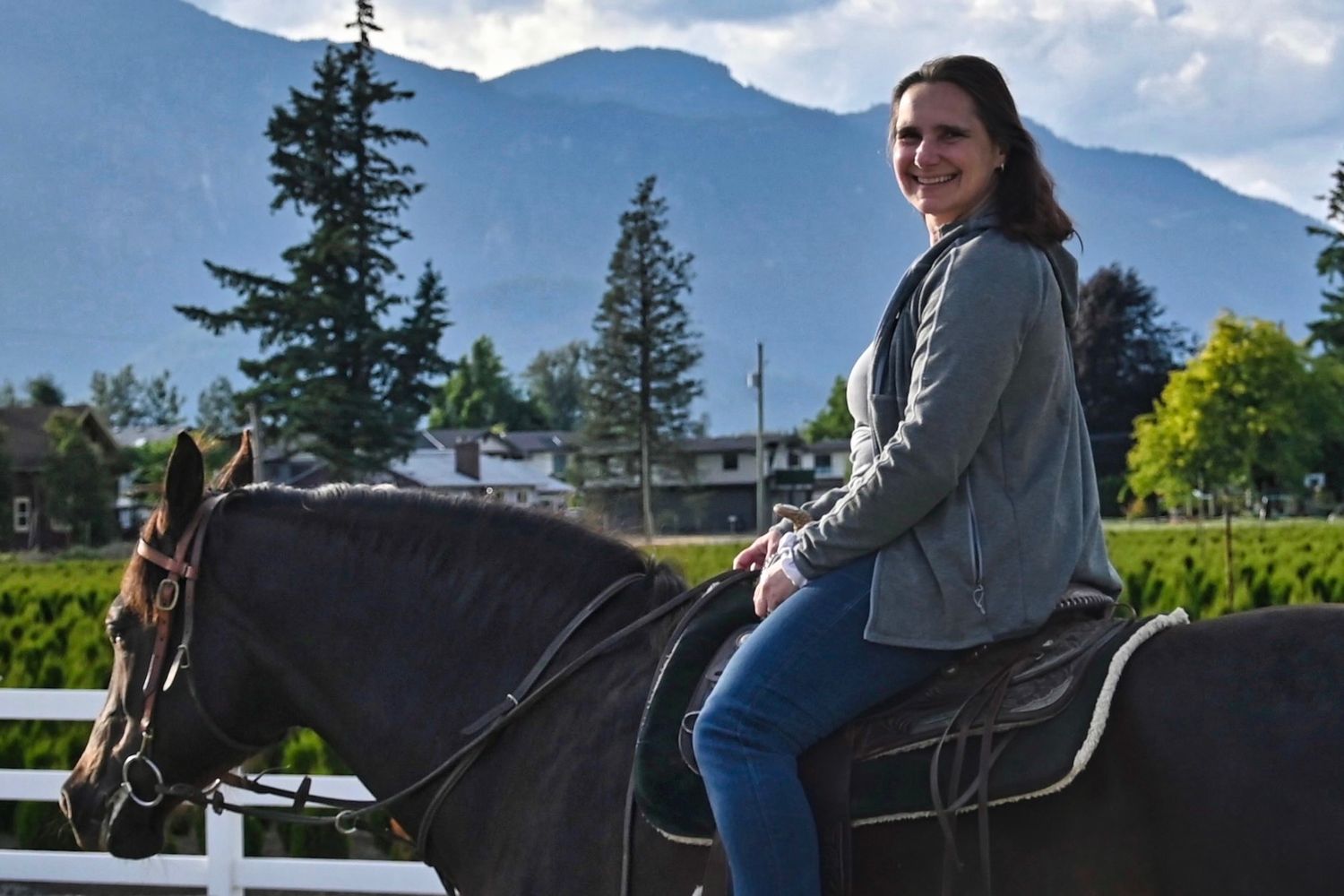 Smiling women on horseback, equine, Fraser Valley