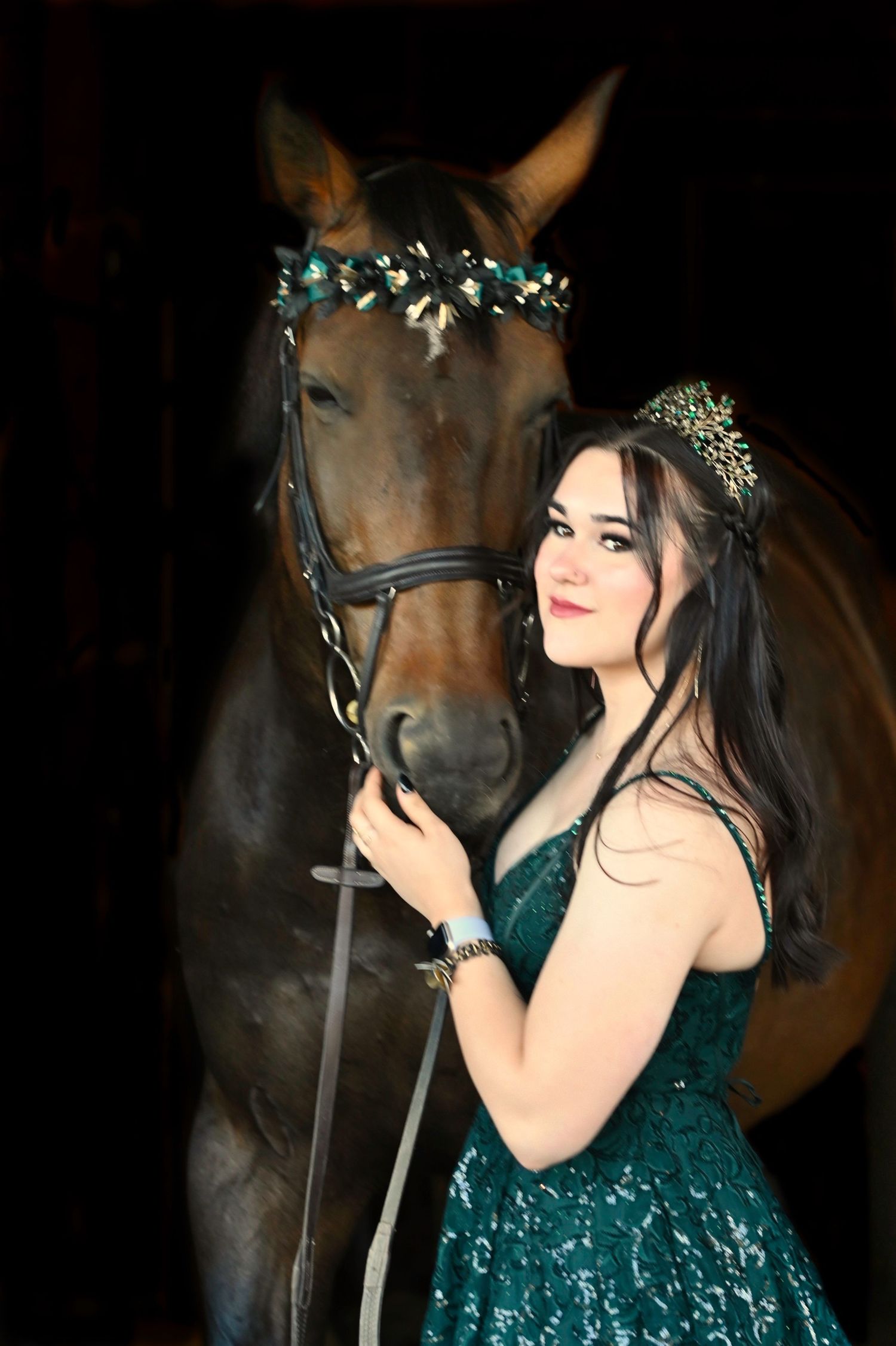 Girl in graduation dress posing with horse, equine, graduation, Fraser Valley