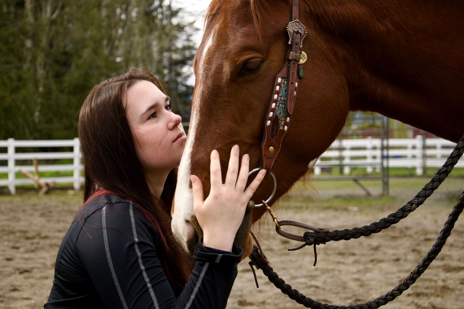 Girl hugging horse