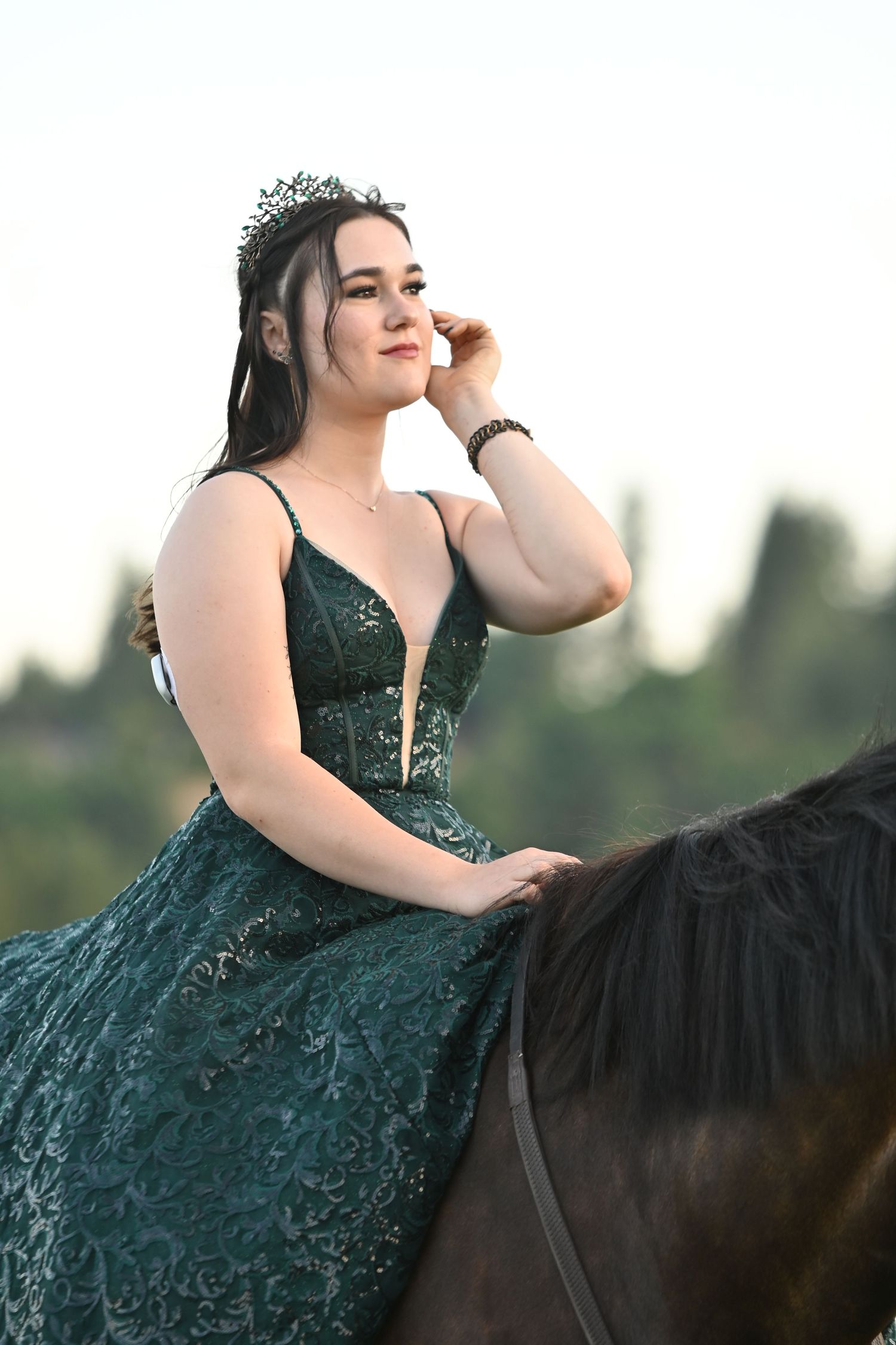 Close up of female in grad dress on horse, equine, graduation, Fraser Valley