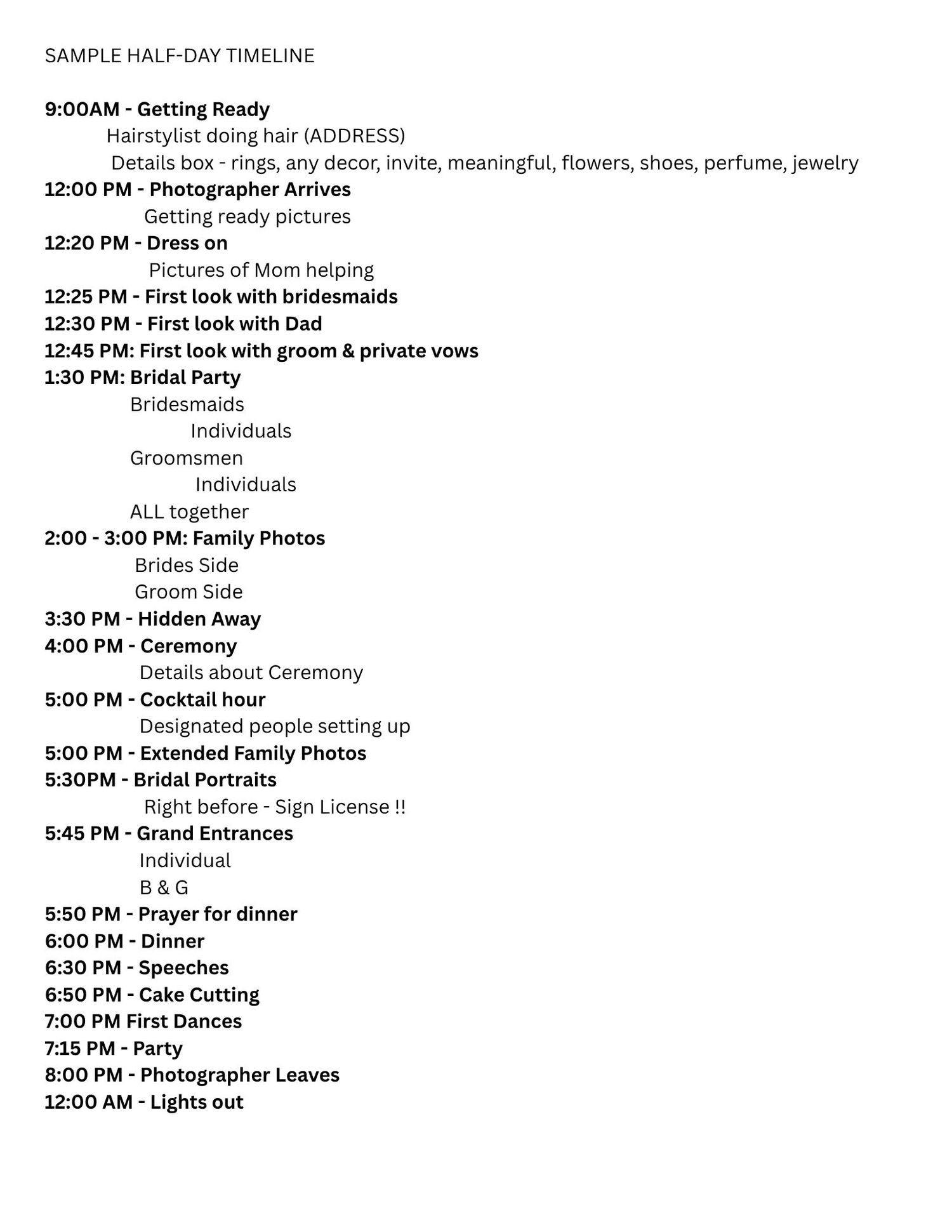Sample half-day wedding timeline listing times from 9:00 AM getting ready to 12:00 AM lights out, including photos, ceremony, dinner and dan