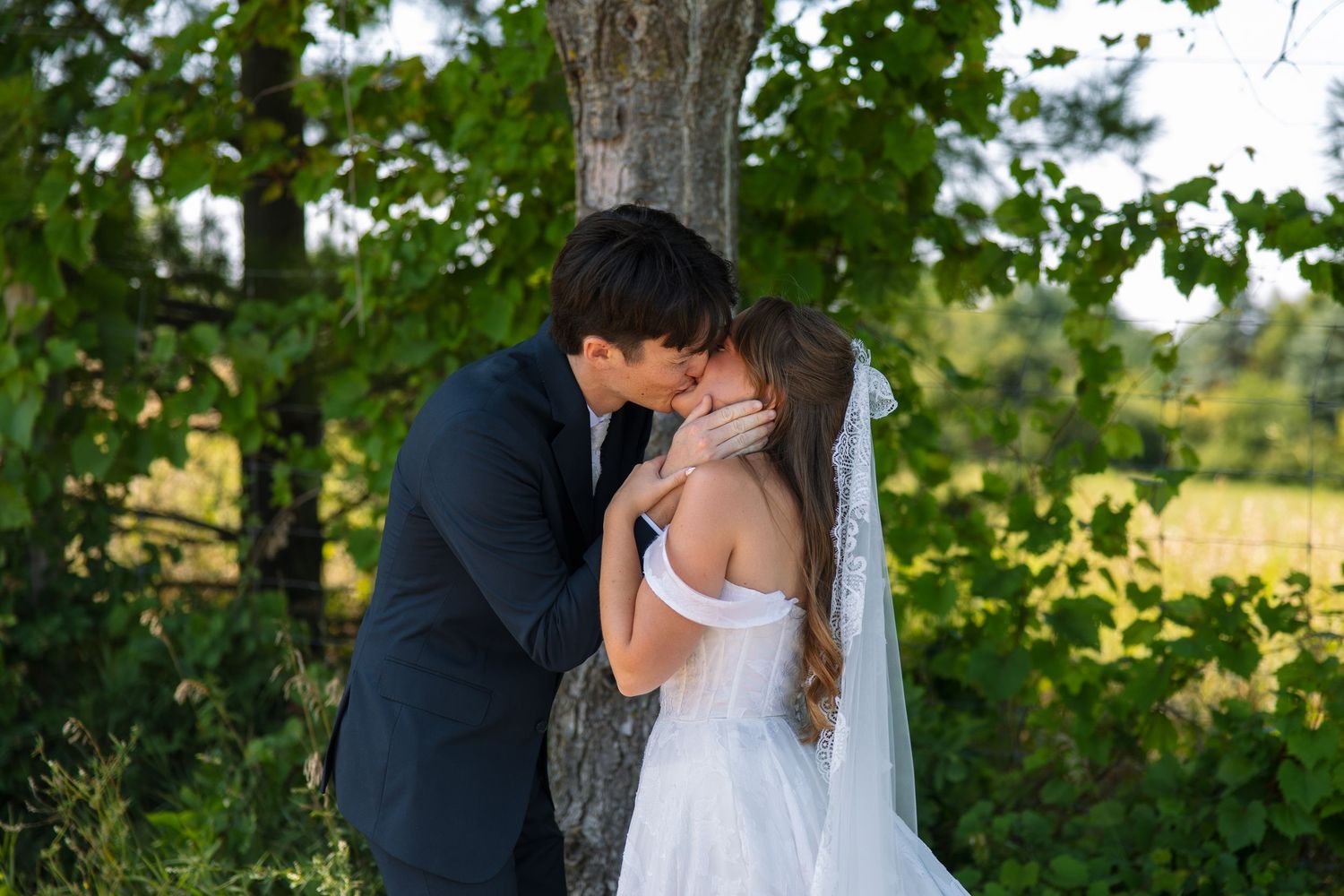 Bride in an off-shoulder gown and veil kisses her groom under a leafy tree in a sunny green meadow.