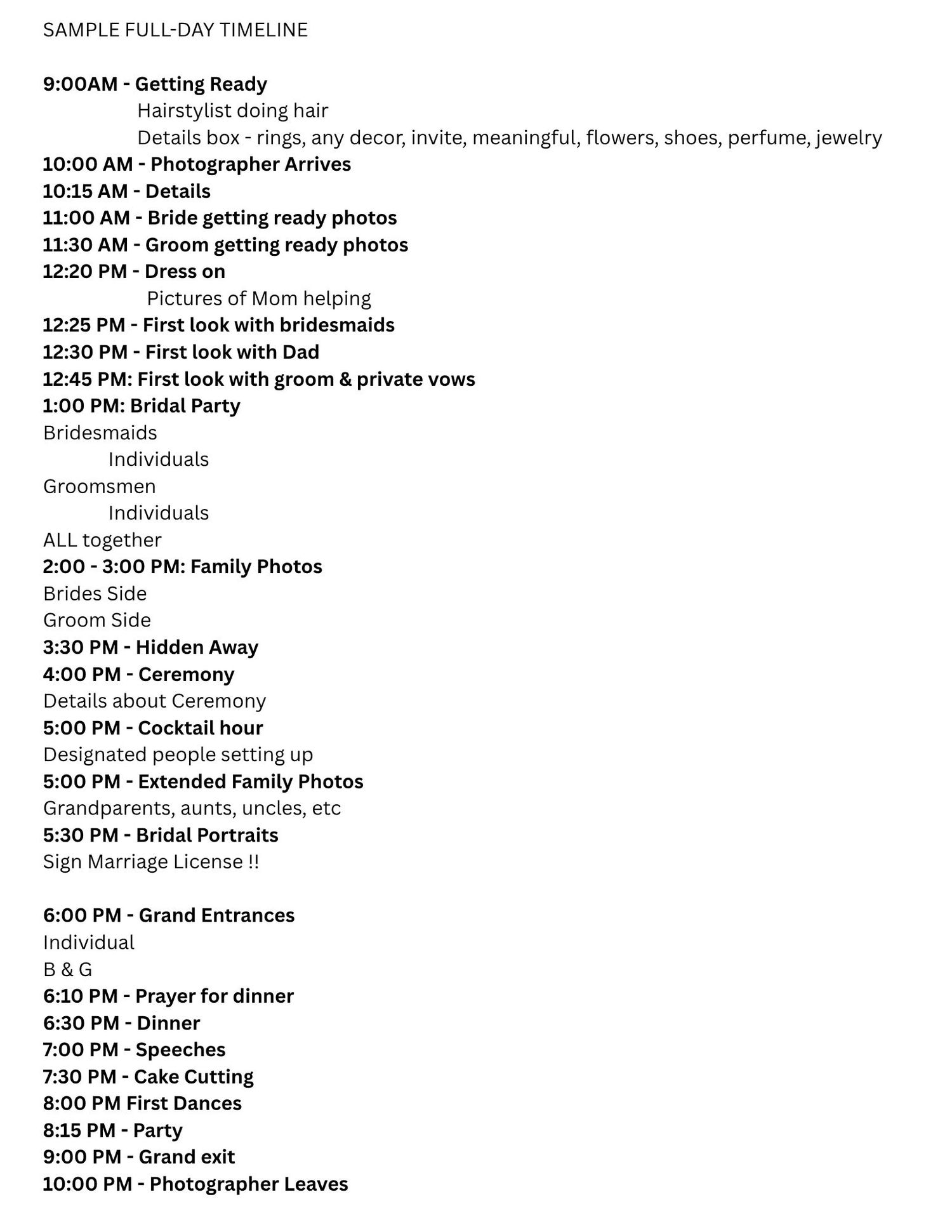 Sample full-day wedding photography timeline listing times from 9:00 AM getting ready to the 10:00 PM photographer departure.