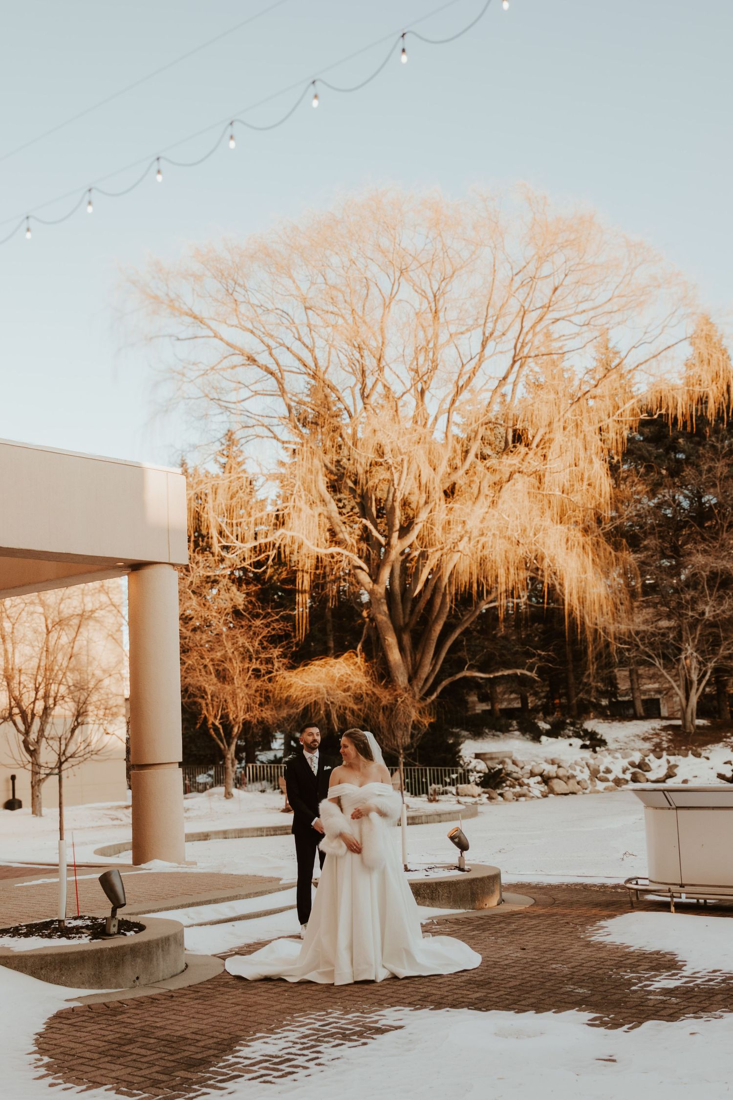 Bride and groom stand on a brick patio in the snow beside a glowing golden willow tree under string lights at a winter wedding.