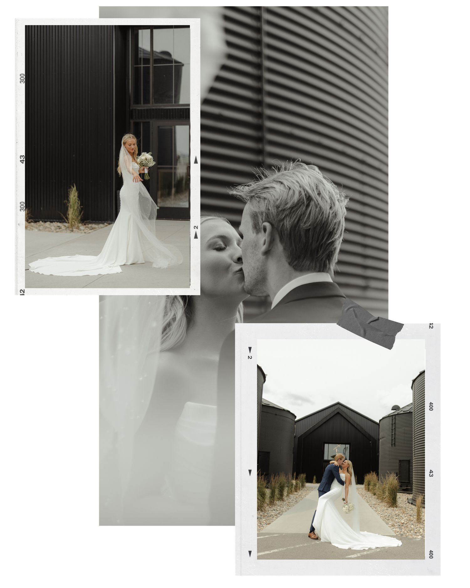 A collection of artistic wedding portraits showcasing elegant poses against modern architecture.