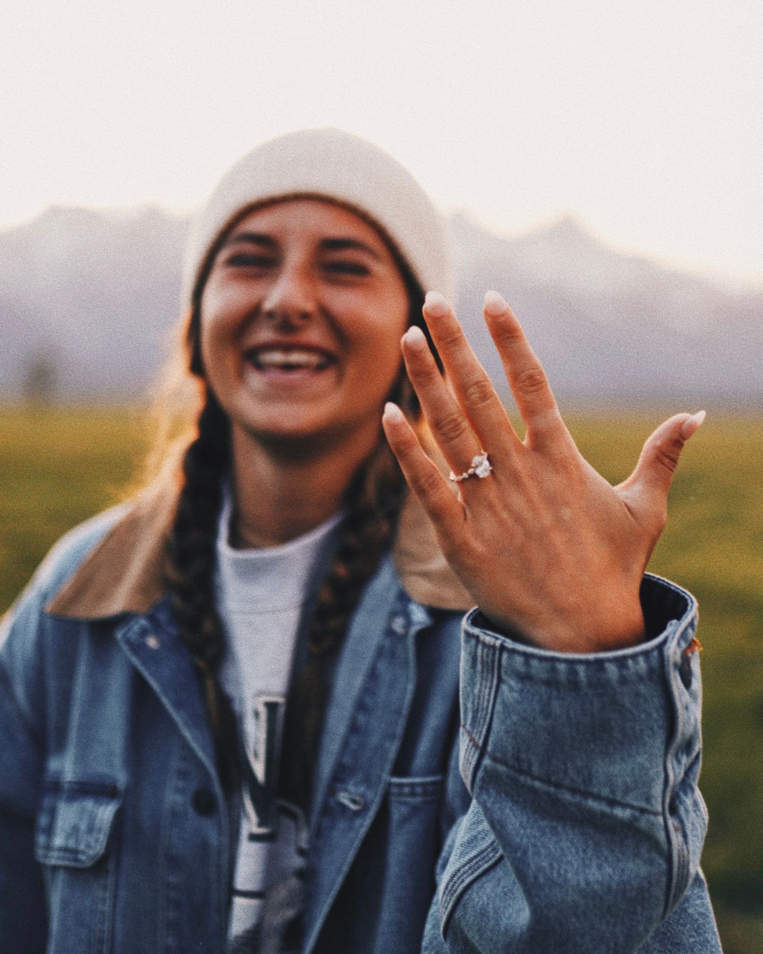 A series showing an engagement ring and joyful moments between a couple.