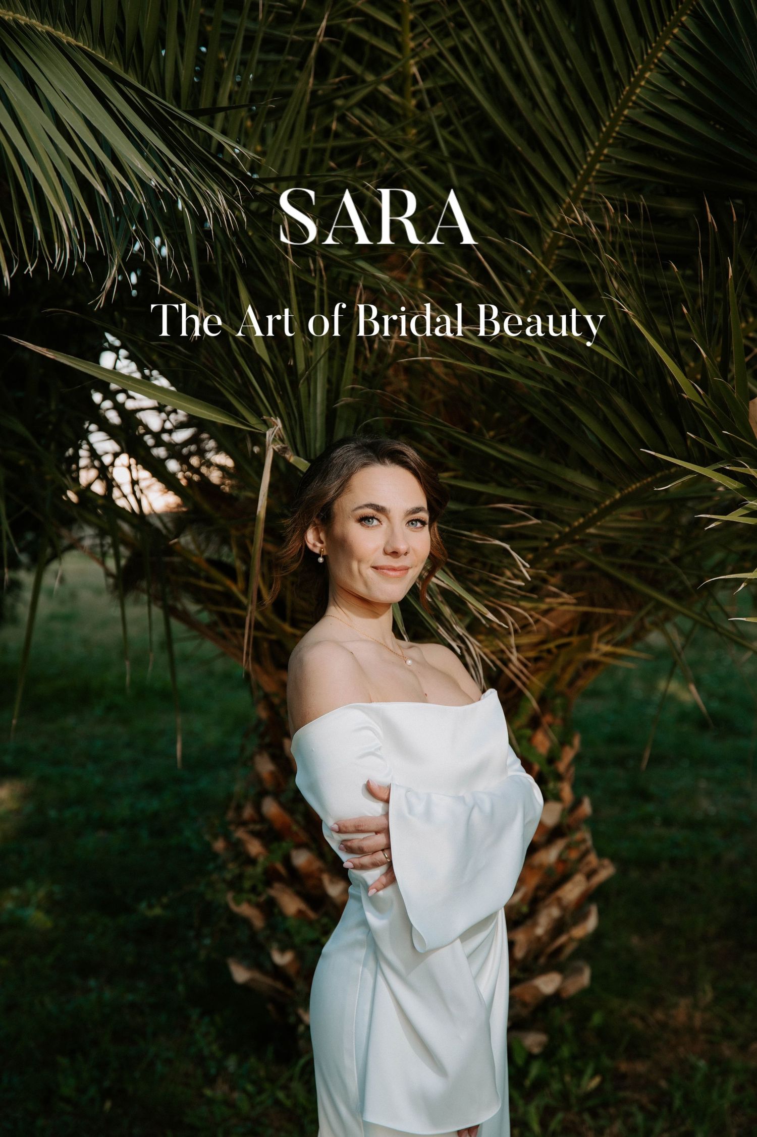 A bridal beauty advertisement featuring an elegant off-shoulder white dress against palm fronds.