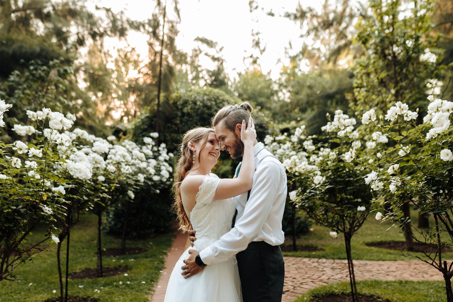 Bride and groom embracing in a lush garden surrounded by white roses during golden hour.