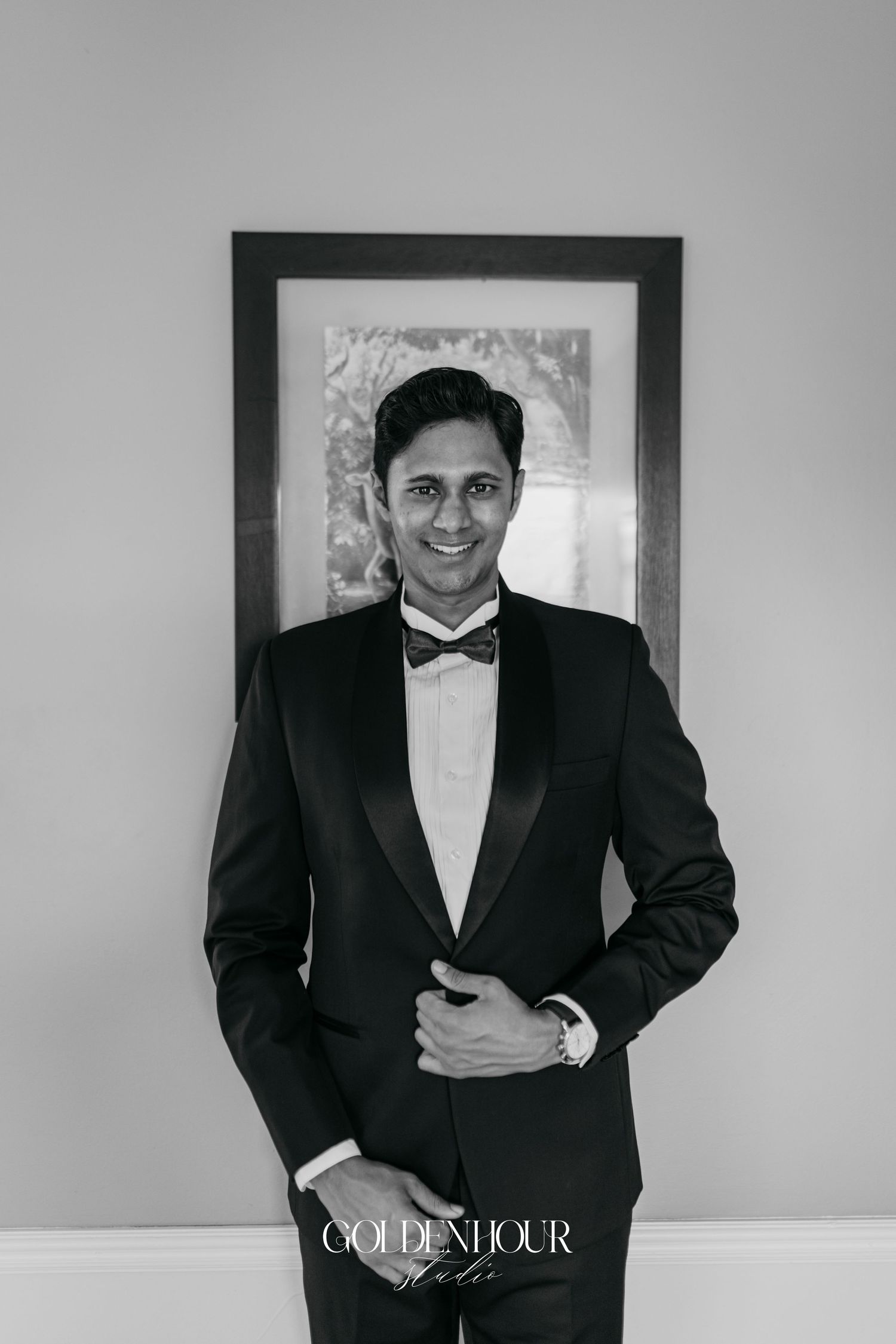 Classic black and white portrait shots showing formal attire and elegant styling.