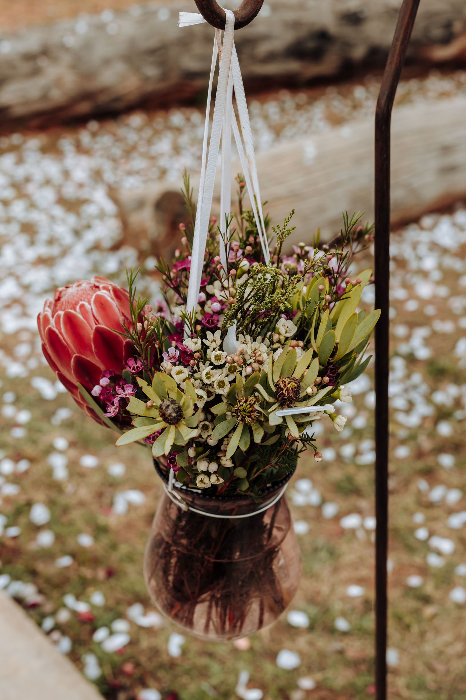 A hanging mason jar filled with protea flowers and greenery against a natural outdoor background with scattered petals.