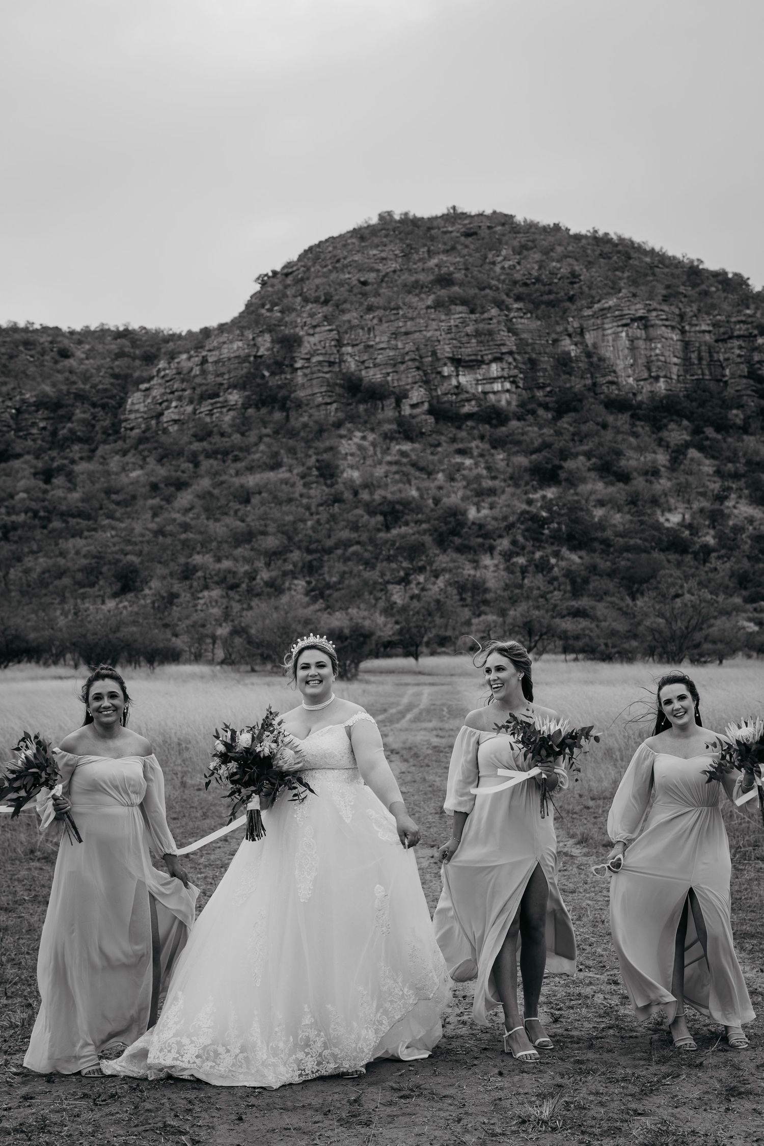 Bridesmaids in matching dresses pose in a line against a mountainous landscape backdrop.