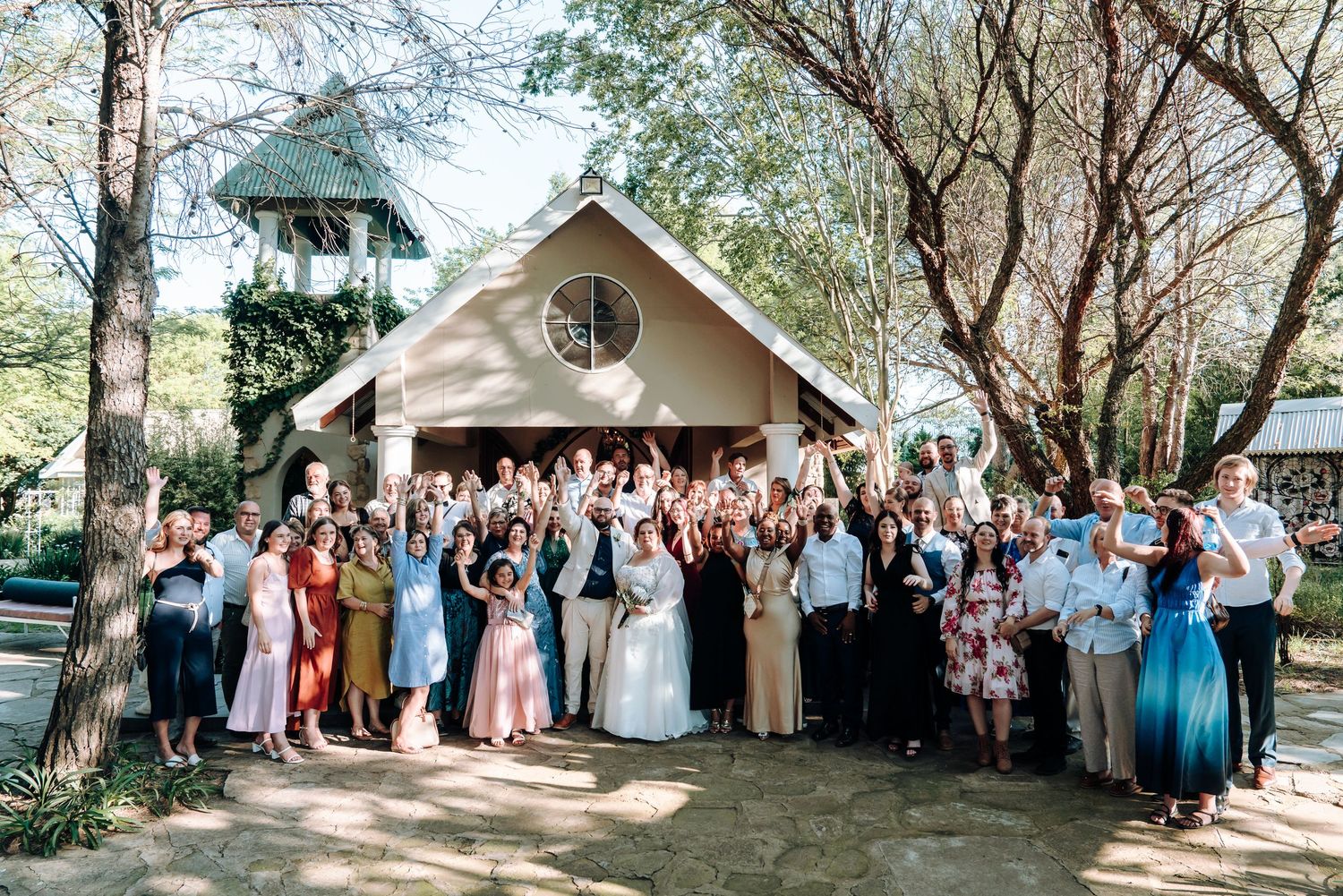 A series of outdoor wedding party photos showing guests and bridal party gathered under trees in a garden setting.