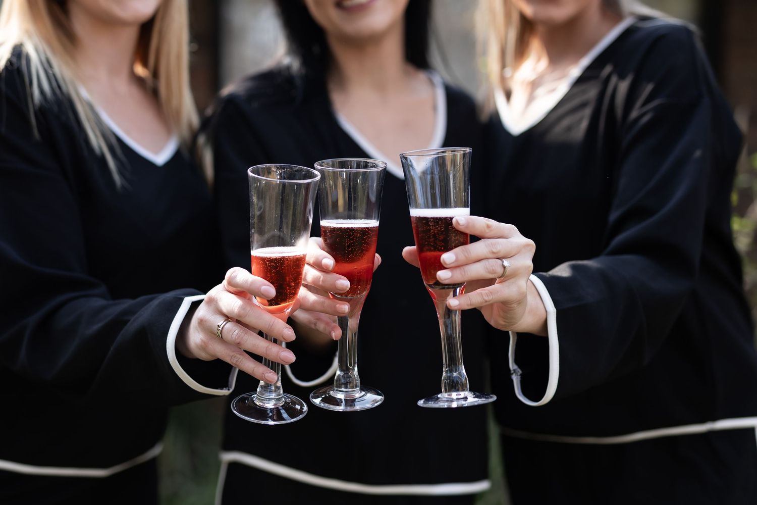 Three people in black sweaters clink glasses of red wine together in a celebratory cheers.