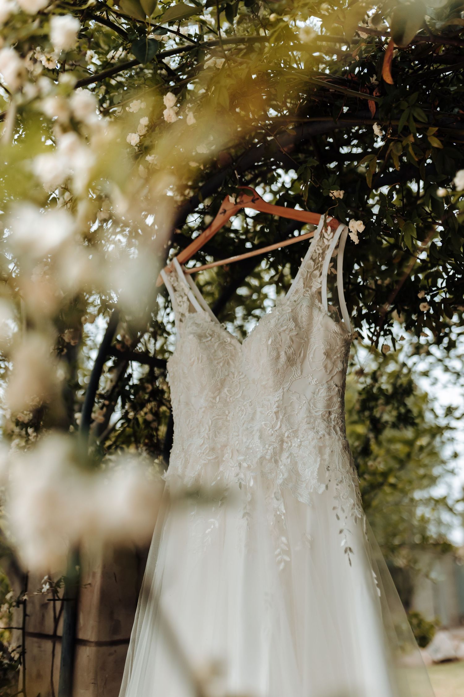 White lace wedding dress with delicate straps hangs elegantly from a tree branch in a dreamy outdoor setting.