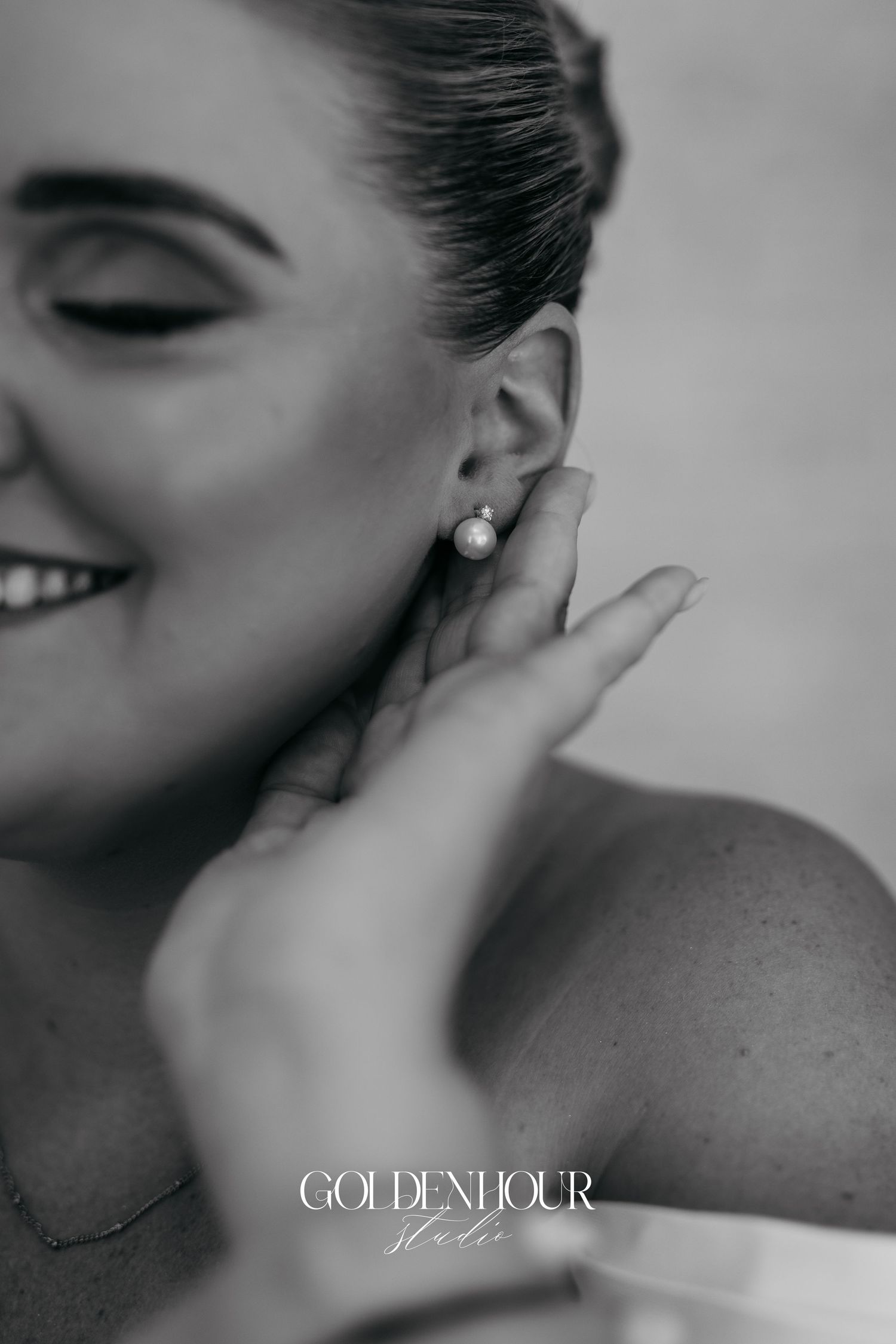 A black and white artistic photo series showing close-up details of a person's neck and ear with jewelry.