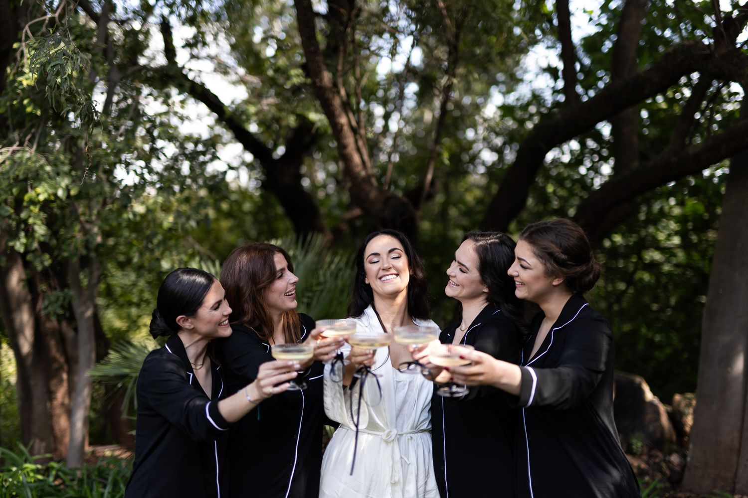 Wedding party toasts with champagne glasses under tree canopy during celebration.