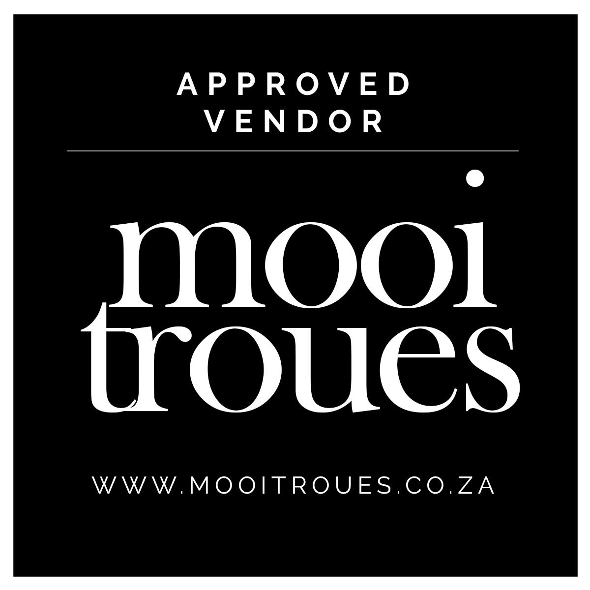 Elegant black and white logo for approved vendor Mooi Troues with website URL against dark background.