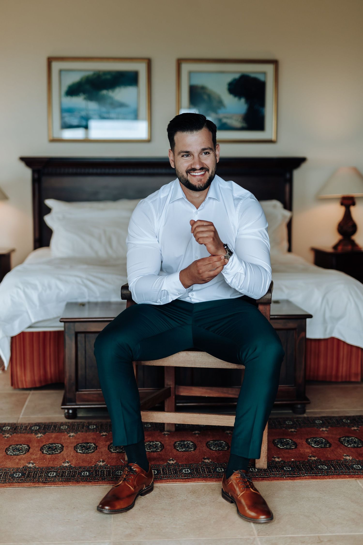 A sequence of photos showing someone sitting on a hotel bed wearing a white sweater and brown leather shoes.