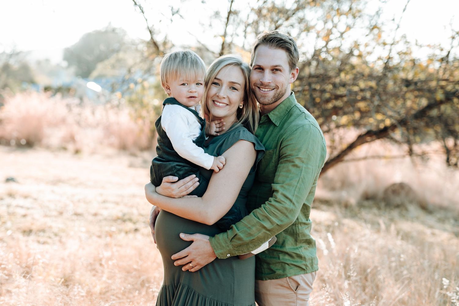 Four connected photos showing romantic couple hugging and embracing outdoors in a sunny natural setting.