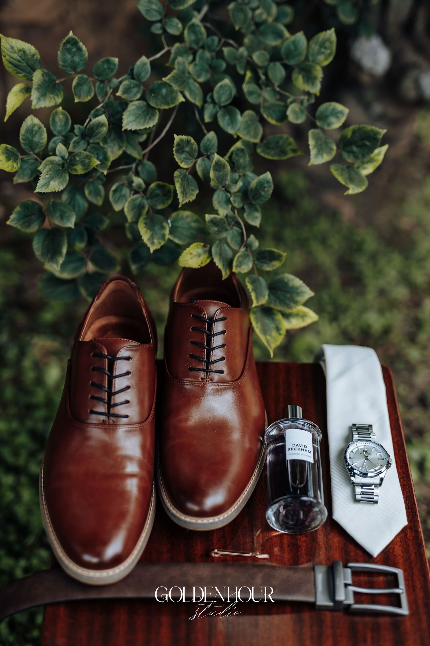 Brown leather dress shoes with accessories including a watch and tie arranged on wooden surface with green foliage backdrop.