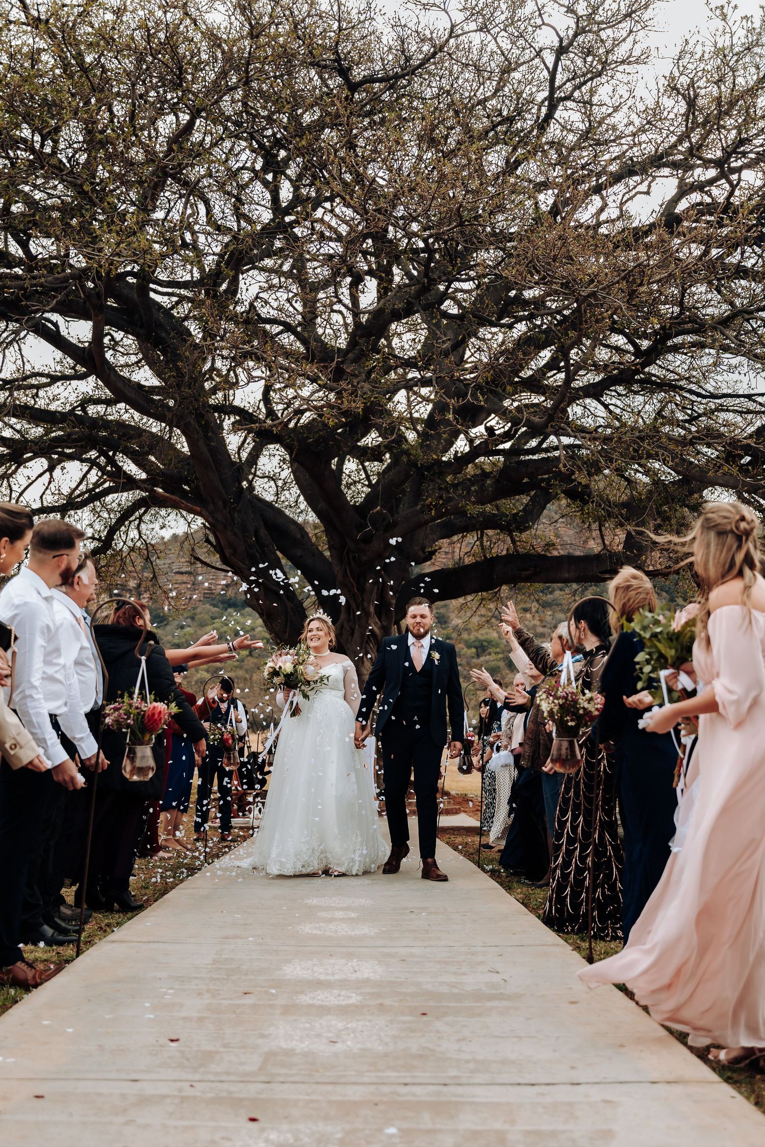 An outdoor wedding ceremony under a majestic oak tree with guests gathered along a white pathway.