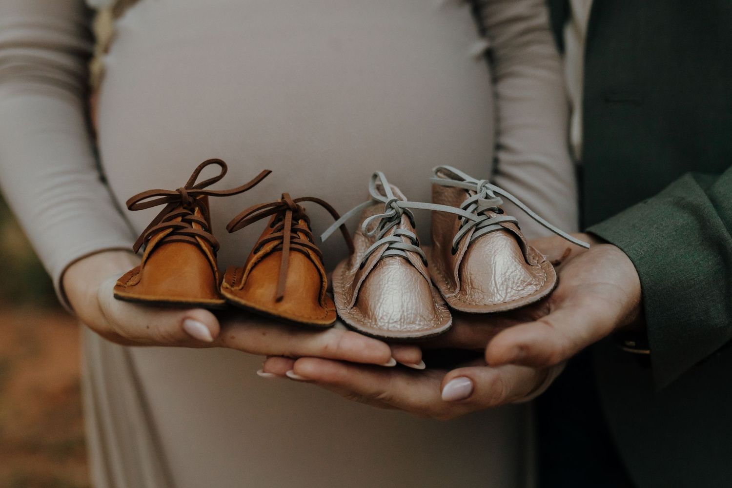 A set of pictures showing various angles of brown leather baby shoes with soft soles held in hands against dark backdrops.