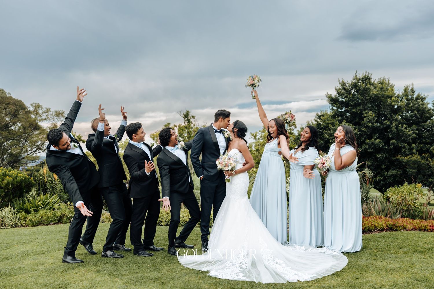 Wedding party posing dramatically on green lawn under cloudy sky.