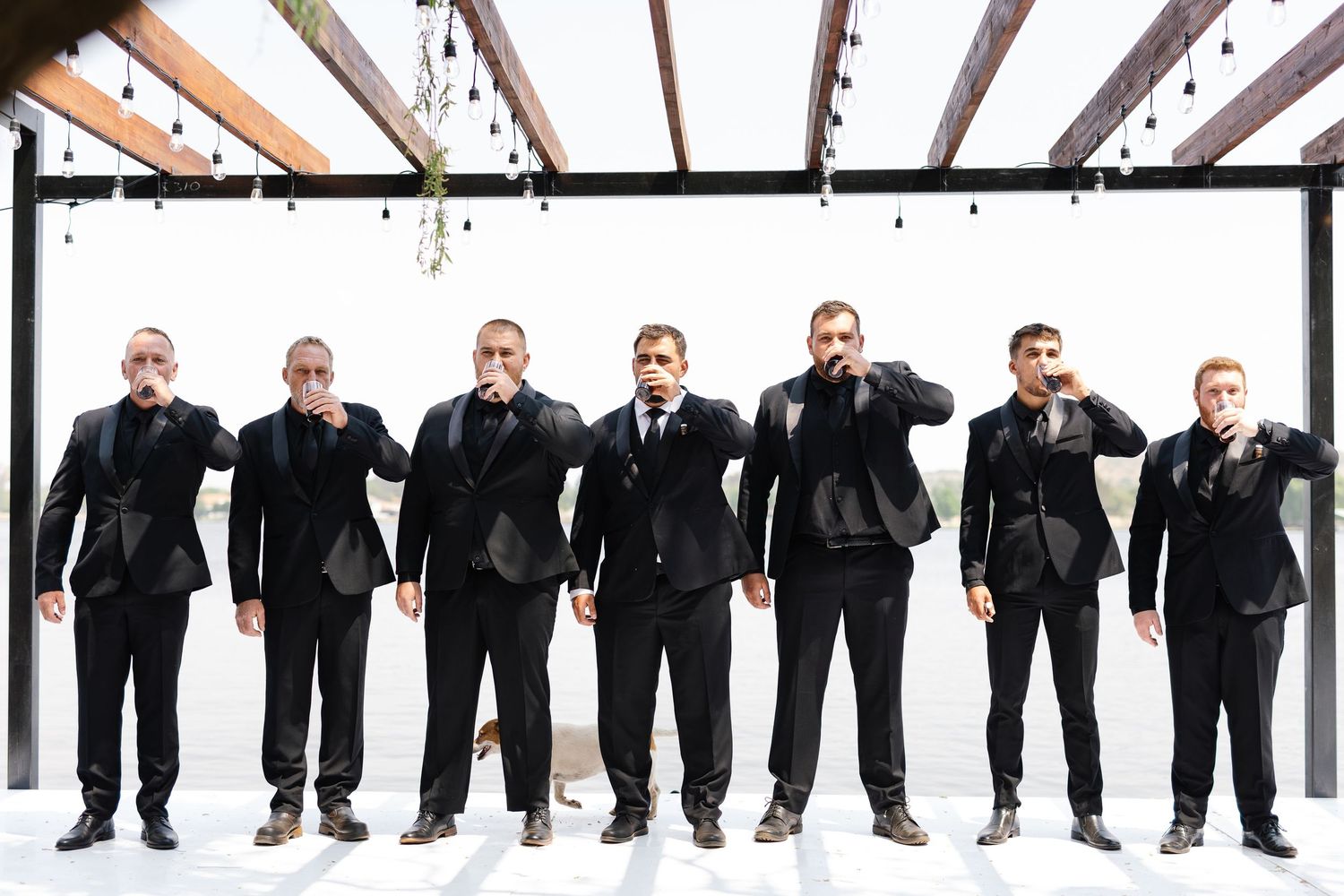 A creative panoramic sequence showing a person in a suit performing various poses against a white background.
