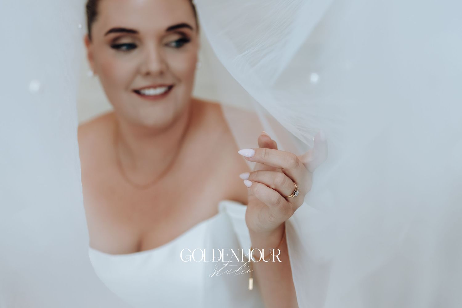 A series of soft, ethereal bridal portraits in white showing close-up details and expressions against light backgrounds.