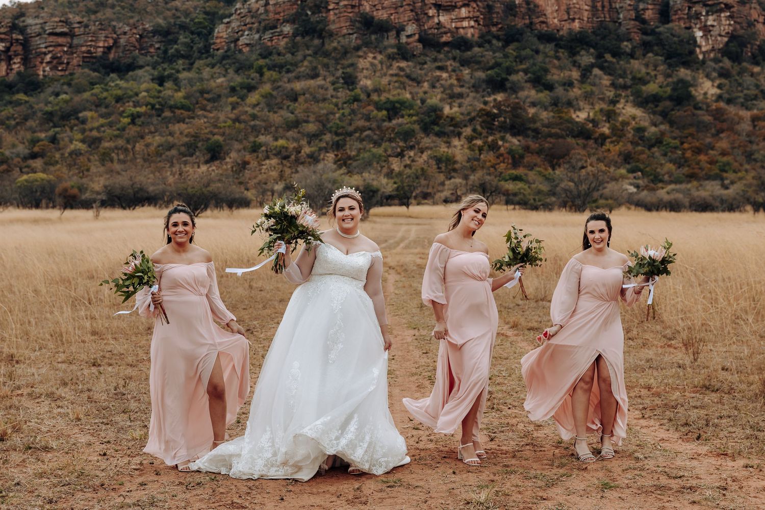 Bridal party in pink dresses posing together in a golden field at sunset.