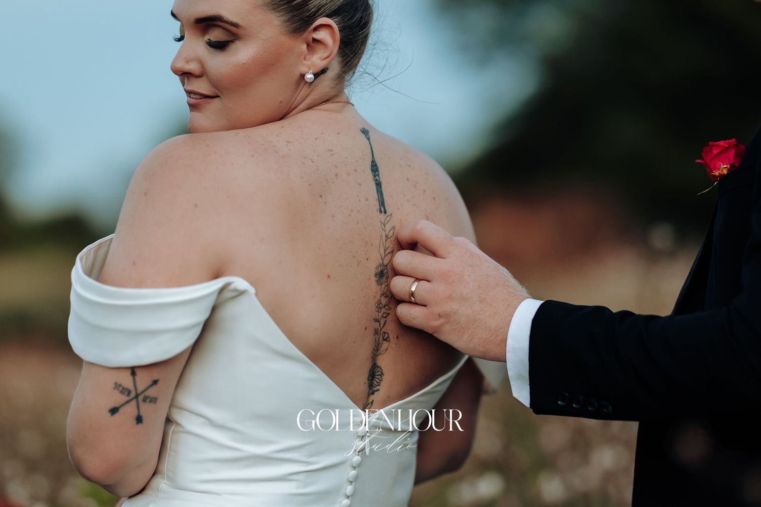 A romantic wedding photo series showing intimate moments between a couple in a white dress and formal attire.