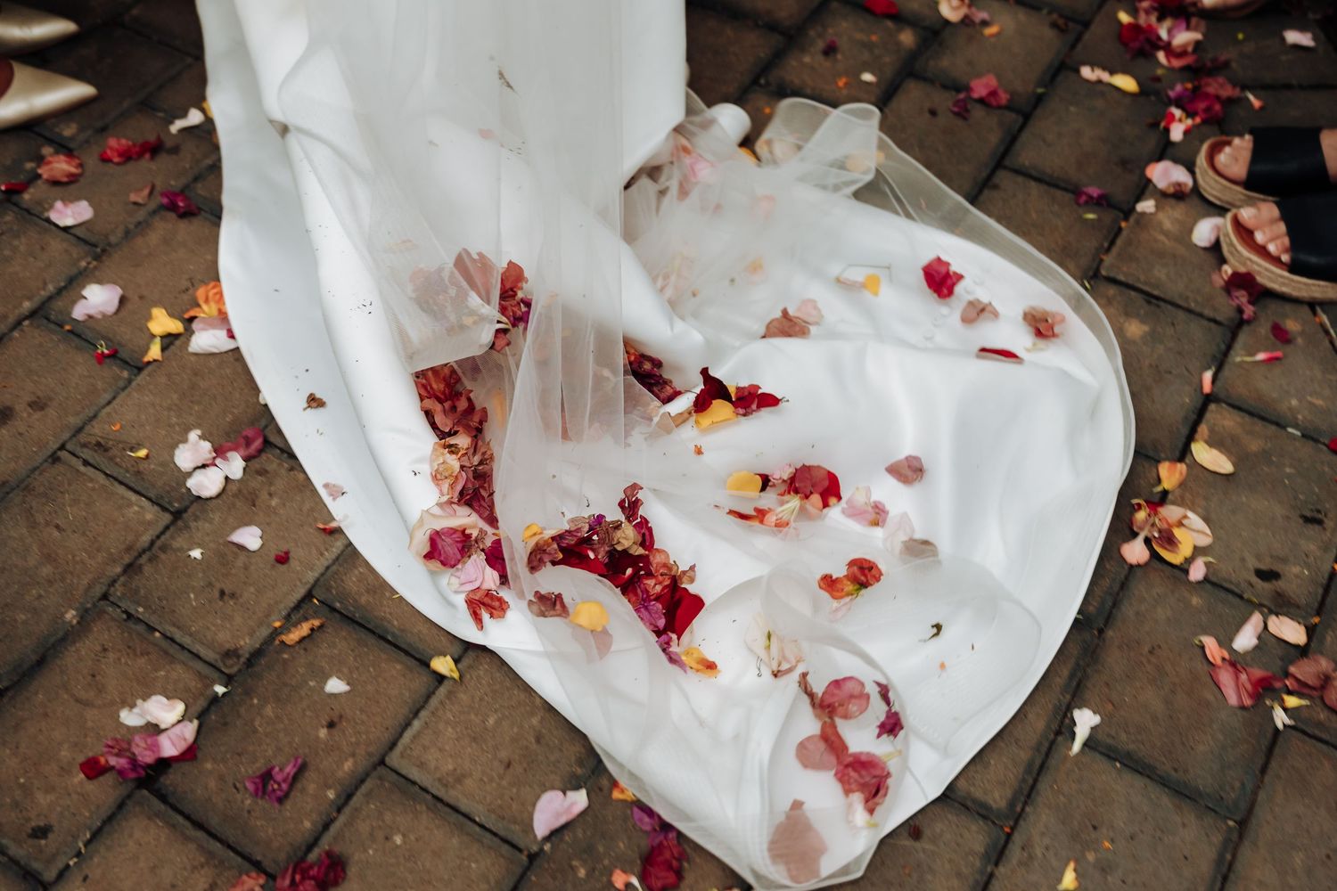 A white wedding dress train scattered with pink and red rose petals on brick pavement.