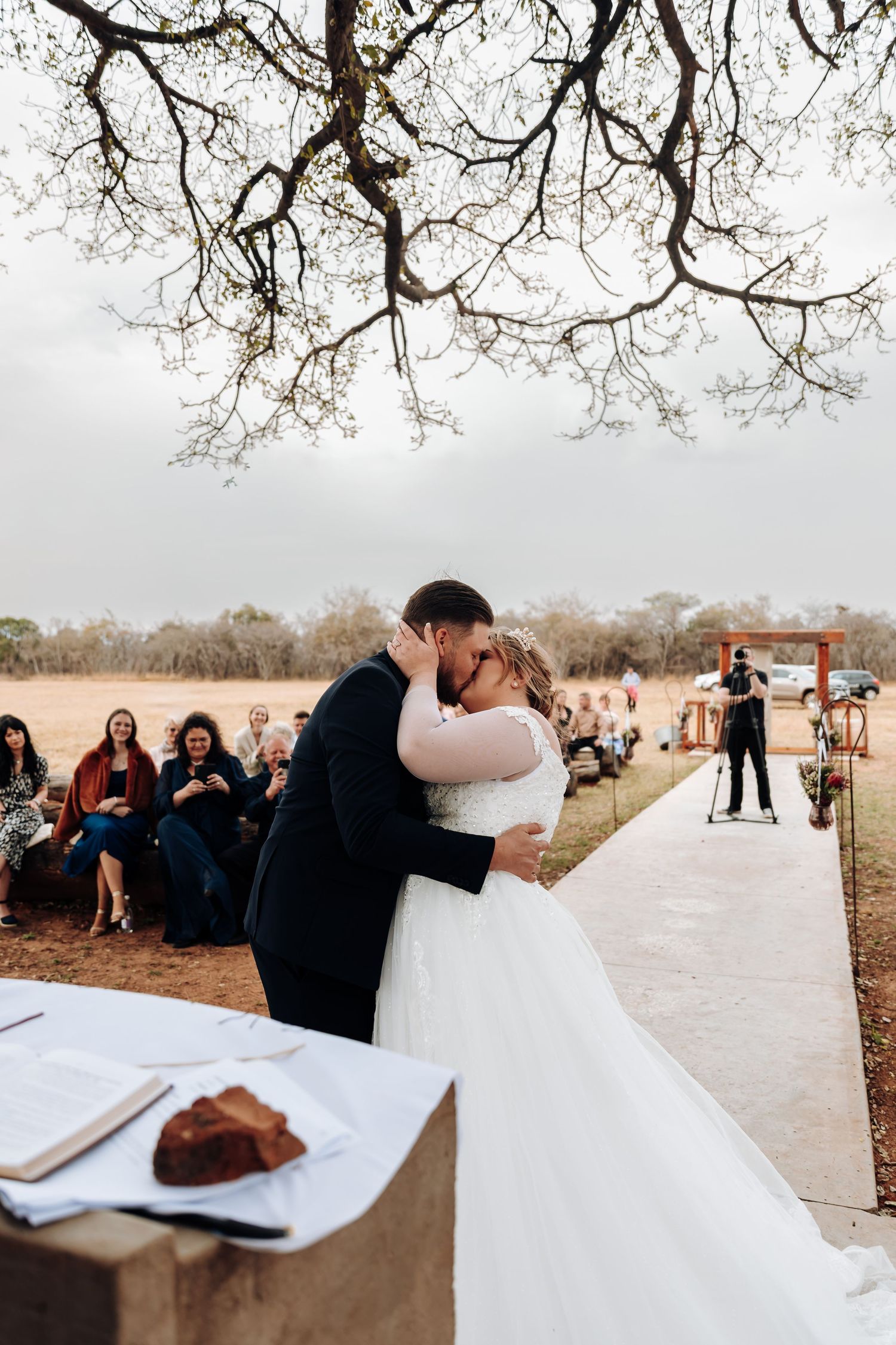 Romantic wedding day photo collage with dancing, guests, and scenic outdoor moments.